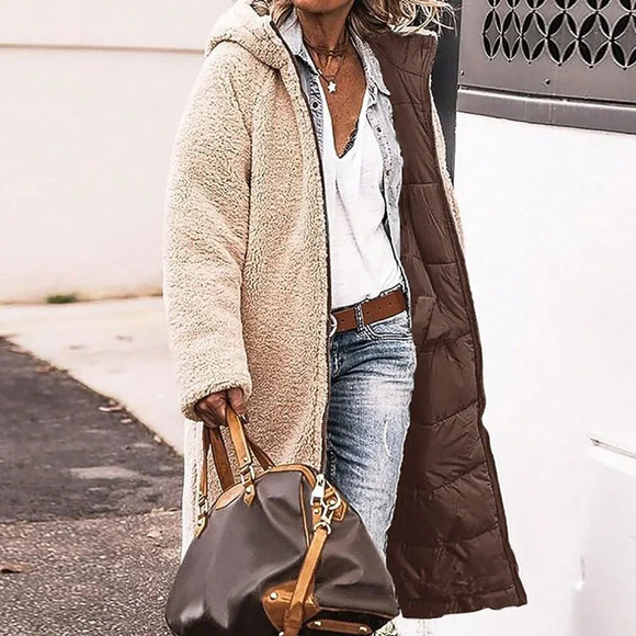 Coffee Brown Casual Women's Reversible Hooded Mid-Length Thick Coat
